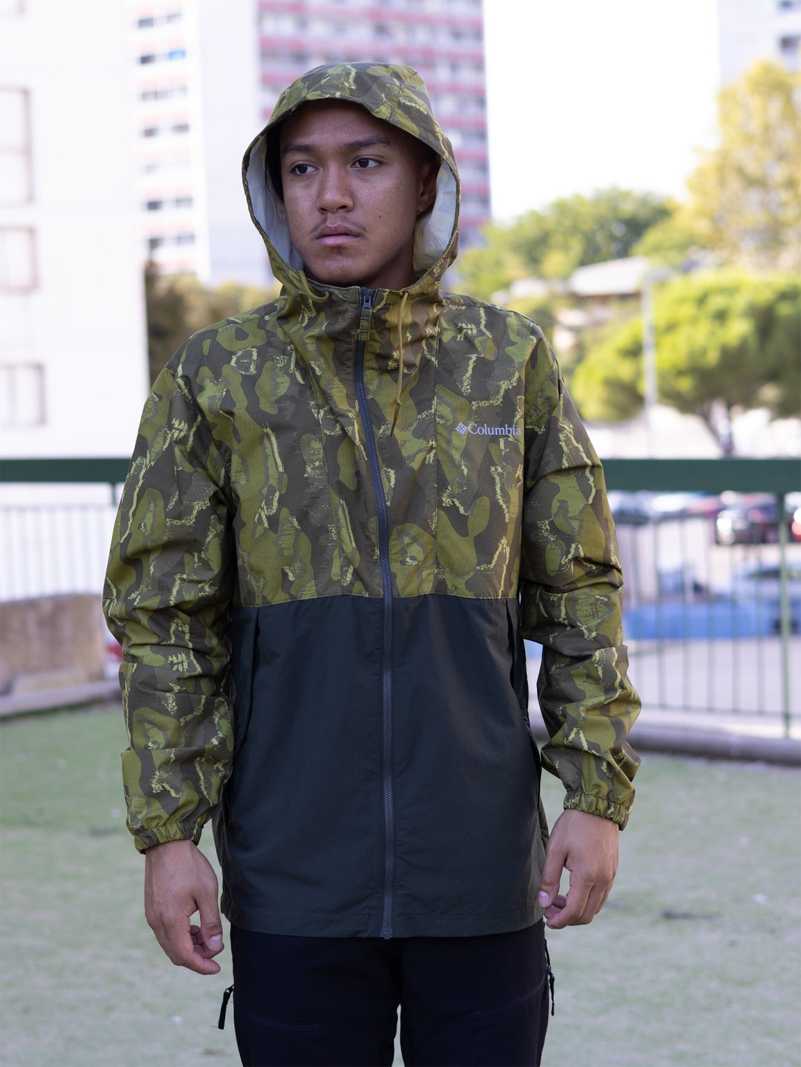 Columbia Spire Valley Novelty vert camouflage – vue de face avec capuche